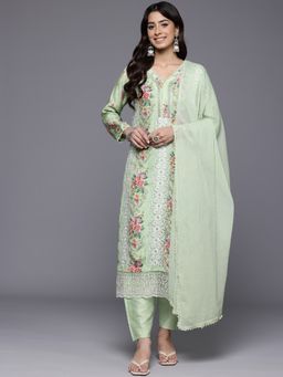 Varanga - Green Floral Printed Lace Work Kurta with Pant & Dupatta (Set of 3)