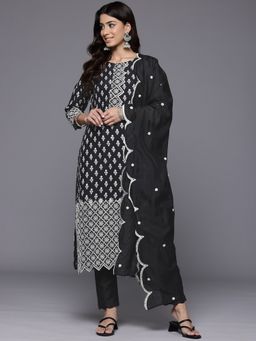 Varanga - Black Printed Embroidered Work Kurta with Pant & Dupatta (Set of 3)