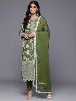 Varanga - Green Floral Printed Shiffly Work Kurta with Pant & Dupatta (Set of 3)