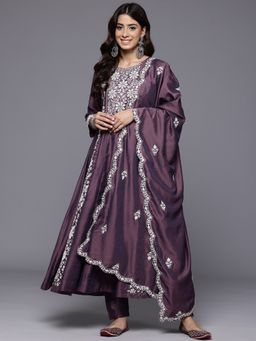 Varanga - Purple Thread Embroidered Anarkali Kurta with Pant & Dupatta (Set of 3)