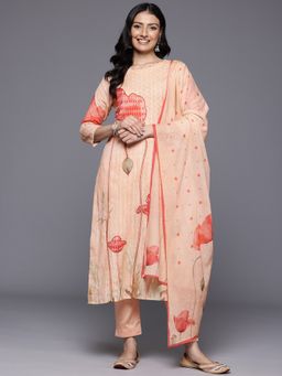 Varanga - Peach Placement Print Embroidered Straight Kurta with Pant & Dupatta (Set of 3)
