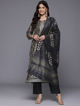 Varanga - Grey Floral Printed Straight Kurta with Pant & Dupatta (Set of 3)