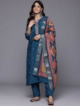 Varanga - Teal Embroidered Kurta with Pant & Dupatta (Set of 3)