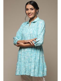 Biba - Womens Blue Printed Rayon Tunic