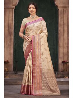 Sangam Prints - Cream Silk Woven Zari Work Traditional Saree with Unstitched Blouse