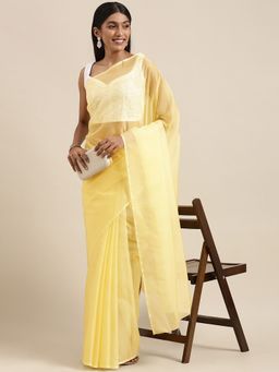 Akhilam - Womens Organza Yellow Solid Celebrity Saree with Unstitched Blouse