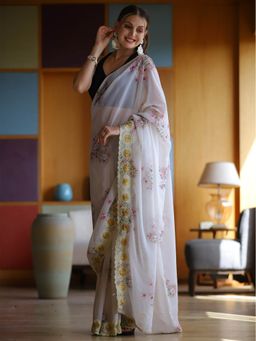 Odette - White Georgette Printed Saree with Unstitched Blouse
