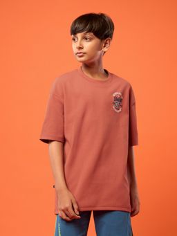 Technosport - Boys Rust Polyester Typography Oversized Fit T-Shirt