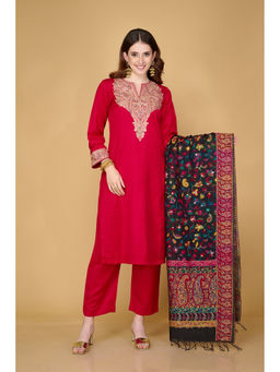 Safaa - Women Acro Wool Woven Unstitched Suit and Dupatta Color Red (Set of 3)