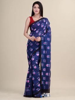 LAA CALCUTTA - Navy Blue Pure Cotton Silk Hand Woven Saree With Unstitched Blouse