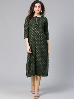 Meeranshi - Women Green & Golden Printed Straight Kurta