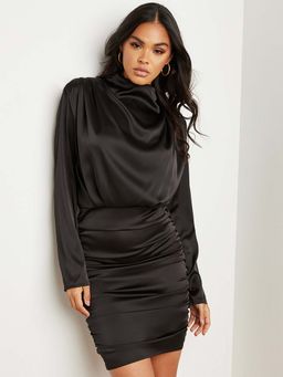 Styli - Black Gathered Detail High Neck Bodycon Mini Dress