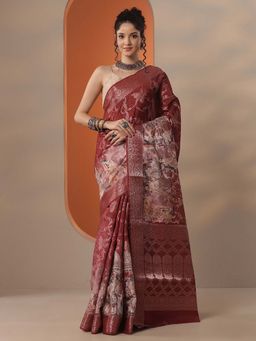 Libas - Women Brown Silk Blend Saree with Unstitched Blouse