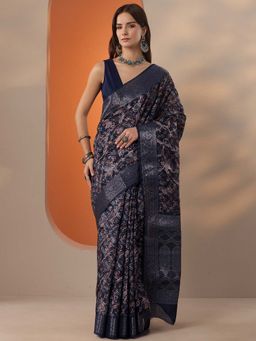 Libas - Women Navy Blue Silk Blend Saree with Unstitched Blouse