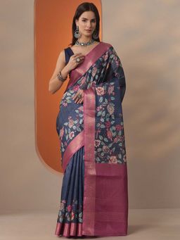 Libas - Women Navy Blue Silk Blend Saree with Unstitched Blouse