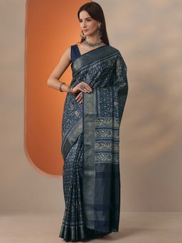 Libas - Women Navy Blue Silk Blend Saree with Unstitched Blouse