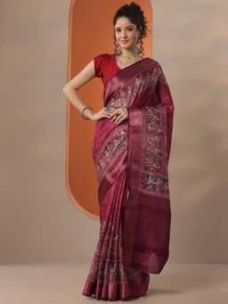 Libas - Women Maroon Silk Blend Saree with Unstitched Blouse
