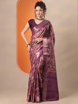 Libas - Women Purple Silk Blend Saree with Unstitched Blouse