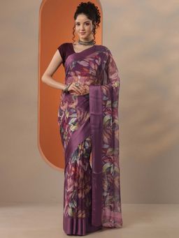 Libas - Women Burgundy Chinon Saree with Unstitched Blouse