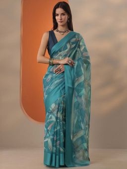 Libas - Women Teal Chinon Saree with Unstitched Blouse
