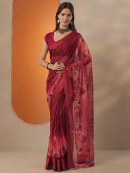 Libas - Women Red Chinon Saree with Unstitched Blouse
