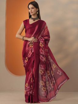 Libas - Women Red Chinon Saree with Unstitched Blouse