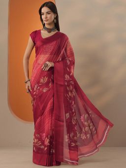 Libas - Women Red Chinon Saree with Unstitched Blouse
