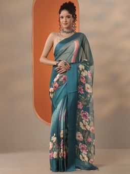 Libas - Women Teal Chinon Saree with Unstitched Blouse