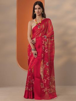 Libas - Women Red Chinon Saree with Unstitched Blouse