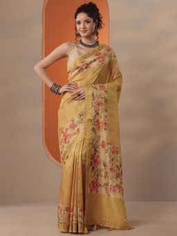 Libas - Women Mustard Chinon Saree with Unstitched Blouse