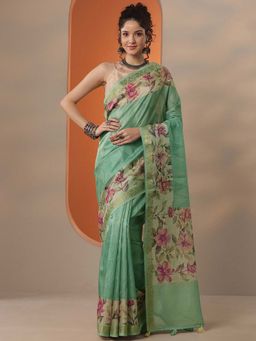 Libas - Women Green Chinon Saree with Unstitched Blouse