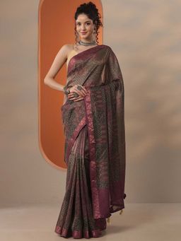 Libas - Women Wine Chinon Saree with Unstitched Blouse