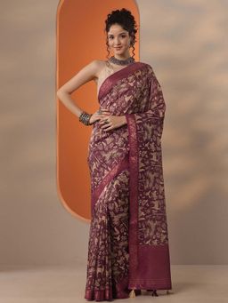Libas - Women Burgundy Chinon Saree with Unstitched Blouse