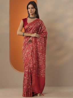 Libas - Women Red Chinon Saree with Unstitched Blouse