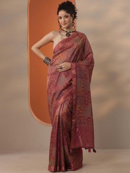 Libas - Women Burgundy Chinon Saree with Unstitched Blouse