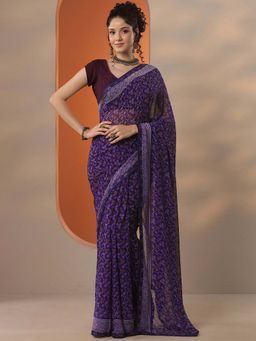 Libas - Women Purple Georgette Saree with Unstitched Blouse