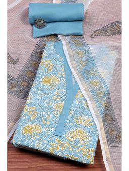 Biba - Women Blue Cotton Kurta with Bottom Material and Dupatta