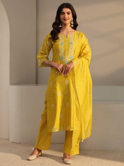 Libas Art - Yellow Embroidered Kurta with Pant & Dupatta