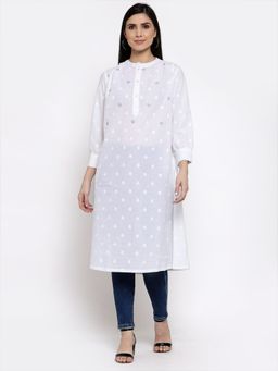 DART STUDIO - Cotton Polka Dot Kurta With Hand Embroidery -White