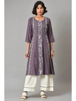 W - Dark Purple Floral Kurta-Parallel Pant (Set of 2)