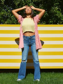 American Eagle - Women Blue Super High Rise Ripped Flare Jeans