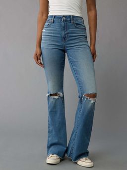American Eagle - Women Blue Next Level Stretch Ripped Super High Rise Flare Jeans