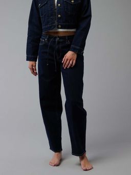 American Eagle - Women Navy Mid Rise Barrel Jeans