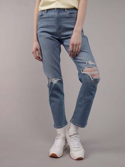 American Eagle - Women Blue Ripped Super High Rise Ankle Straight Jeans