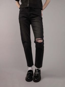 American Eagle - Women Black Ripped Super High Rise Ankle Straight Jeans