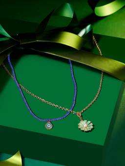Zaveri Pearls - Set of 2 Green Blue Enamel Contemporary Heart Pendant & Chain-ZPFK16881