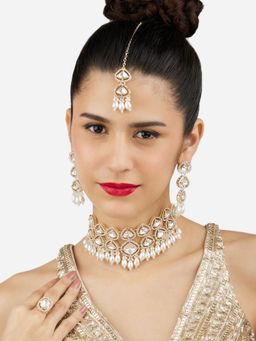 Zaveri Pearls - Gold Tone Stones Bridal Choker Necklace Earring Maang Tikka Ring Set-ZPFK17113