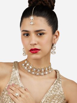 Zaveri Pearls - Gold Tone Dazzling Stones Choker Necklace Earring Maang Tikka Ring Set-ZPFK17114