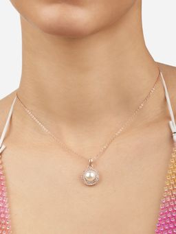 Zaveri Pearls - Rose Gold Tone Dazzling Cubic Zirconia & Pearl Brass Pendant With Chain-ZPFK17124
