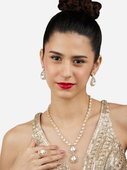 Zaveri Pearls - Gold Tone Dazzling Austrian Diamonds Kundan Necklace Earrings& Ring Set-ZPFK17131